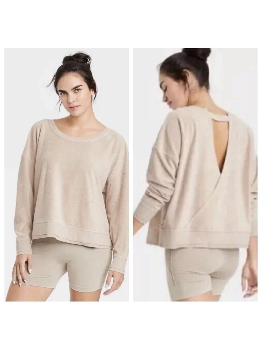 Joylab Terry Cloth Open Back Sweatshirt SZ L Tan